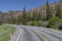 a highway passing through the middle of mountains and forest on its side with trees on the other side