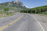 a road with trees on both sides of it and mountains in the background behind it