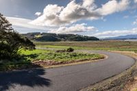 a paved country road winding off to the water and fields in the background with some trees