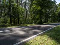 an empty, wide country road surrounded by trees on a sunny day - looking at a green grassy area near the middle