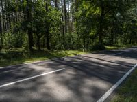 an empty, wide country road surrounded by trees on a sunny day - looking at a green grassy area near the middle