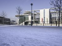 the bench is covered in snow and sits next to a building with glass windows, on the ground there is some tree