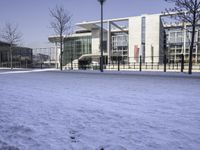 the bench is covered in snow and sits next to a building with glass windows, on the ground there is some tree