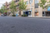 a street with trees and a building on the other side of it, and a blue traffic light hanging off the pole above