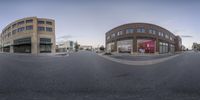 two 360 - laps images showing the intersection of a street and a building with multiple windows