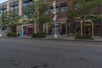 a paved city street is lined with buildings and trees along with green plants and bushes