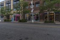 a paved city street is lined with buildings and trees along with green plants and bushes