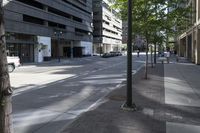 a sidewalk with trees on each side of it that is shaded by buildings on the right