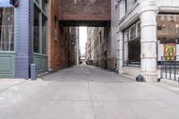an alleyway with tall buildings and a sign saying to go for your own road