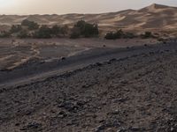 a truck on a dirt road in the desert with rocks and stones on the ground