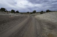 an empty dirt road passing through some dry land in the desert with a cloud over the horizon