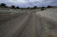 an empty dirt road passing through some dry land in the desert with a cloud over the horizon