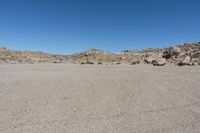 a rock - strewn field of rocks and dry grass under a bright blue sky with no clouds