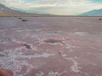 the desert has pink color, blue skies and clouds in it as if a storm