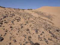 a truck on a dirt road in the desert with rocks and stones on the ground