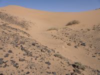 a truck on a dirt road in the desert with rocks and stones on the ground