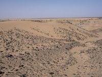 a truck on a dirt road in the desert with rocks and stones on the ground