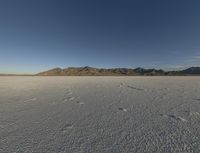 the bare desert has many footprints of people on it, with mountains in the background