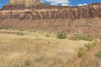 a red rock formation sitting high on top of a desert area with tall grass and tall trees