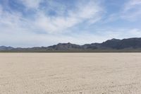 an empty desert landscape with sparse plants and mountains in the background on a sunny day