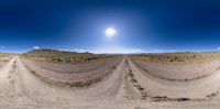 three view - panoramic photographs of desert field under sunray, taken from vehicle