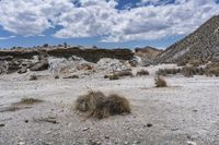 an image of a desert with very sparse ground and rock formations in the background of a vast mountainous area