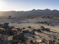 there is a large rock on the desert ground with hills behind it and some shrubs to the side