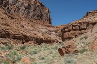 a rock outcropping in the desert area with shrubs and rocks around it