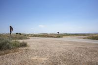 a dirt road with no traffic in a dry field area and signs on poles that point towards the open desert area