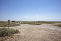 a dirt road with no traffic in a dry field area and signs on poles that point towards the open desert area