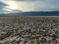 an empty landscape with lots of dirt in the foreground, and mountains on the right