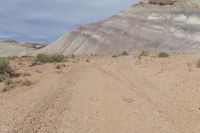 a dirt road leading through the middle of a desert plain, with mountains in the distance