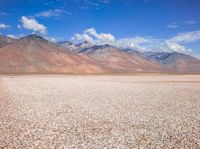 a desert area has rocks, gravel and mountains in the distance with a bird on the horizon