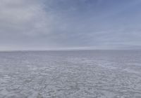 a lone snowboarder walks across the ice on a large flat plain at the bottom of the ocean