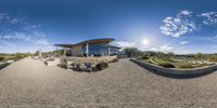 a fish eye view of the restaurant at the park of the desert overlooking the ocean