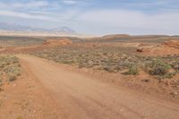 a dirt road through a desert area with bushes and plants in front of it, on a clear day