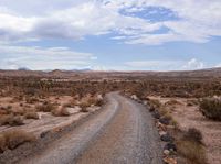 a gravel road with no cars is passing by in the desert mountains, and rocks and grass