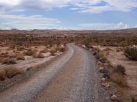 a gravel road with no cars is passing by in the desert mountains, and rocks and grass