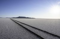 two tire tracks are pictured in an empty, vast place with a blue sky background