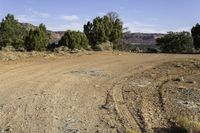 a dirt road with sparse brush on both sides and mountains behind it in the background