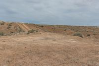 the road is empty of vehicles and dirt roads in this desert area with grass and bushes