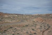 an empty road in the middle of a desert plain with grass and bushes lining it