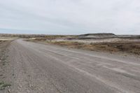 a dirt road is lined with dirt and weeds on either side of it in the distance is a plain