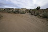 a small dirt road that leads through some dry brush and brush bushes, with hills in the background