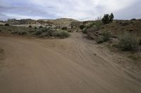 a small dirt road that leads through some dry brush and brush bushes, with hills in the background