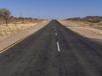 an empty, open road in the middle of a desert with a blue sky in the background