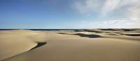 sand dunes of different sizes and shapes are dotted by blue sky with clouds, overlooking the ocean