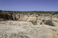 there is a big rocky area with mountains and desert vegetation on it and people on the edge of the valley