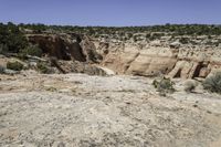 there is a big rocky area with mountains and desert vegetation on it and people on the edge of the valley