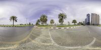 a fish eye lens view of a deserted city street in africa, showing the curved yellow markings